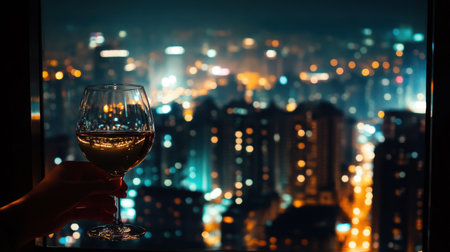 A luxury apartment window at night, city lights twinkling below as someone enjoys a glass of wine.の素材