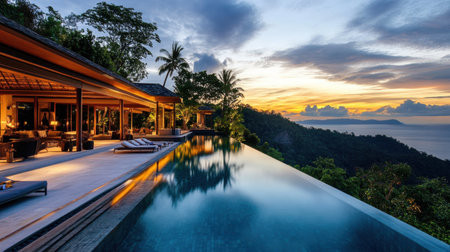 A minimalist luxury villa with an infinity pool, open-concept architecture, and panoramic views.の素材