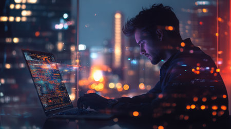A man working on his laptop, his face and city lights reflected in the office window.の素材