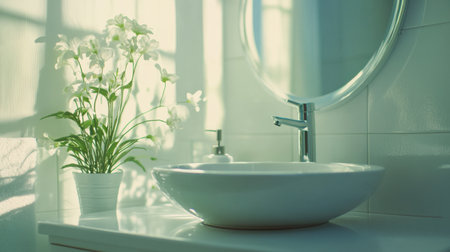 This bright bathroom interior features a clean design with a white sink, modern mirror, and elegant floral arrangement, creating a serene and inviting atmosphere.の素材