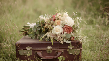 A boho bridal bouquet with roses and wildflowers, resting on a vintage suitcase in a field setting.の素材