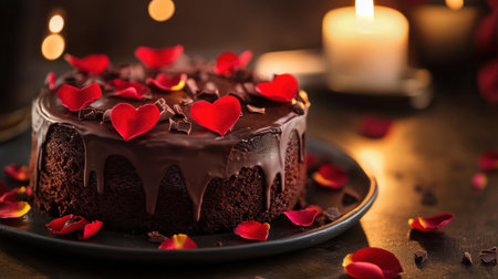 A rich and decadent Valentine chocolate cake topped with heart-shaped decorations and rose petals, set against a romantic candlelit background.の素材