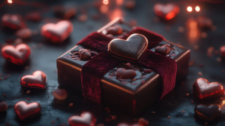 A close-up of a luxury Valentine chocolate gift box with a velvet ribbon, surrounded by soft lighting and decorative heart-shaped ornaments.の素材