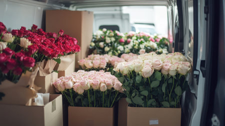 A delivery van interior showing neatly packed rose bouquets in elegant boxes, ready for dispatch.の素材