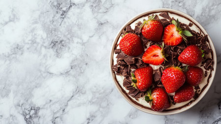 A high-quality shot of a Valentine chocolate cake with chocolate shavings and fresh strawberries on top, set on a marble countertop.の素材