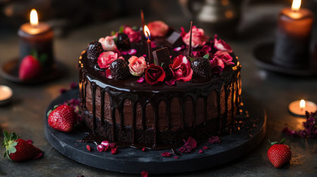 A luxurious Valentine chocolate cake adorned with edible flowers, dark chocolate drizzles, and fresh strawberries, surrounded by candles.の素材