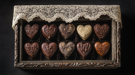 A stunning display of heart-shaped chocolates, elegantly placed in a decorative box with a lace overlay.の素材