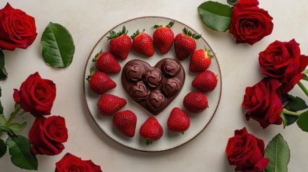 A top-down shot of Valentine chocolate strawberries arranged in a heart shape on a plate, surrounded by fresh red roses.の素材