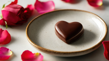 A single heart-shaped Valentine chocolate on a delicate porcelain plate, surrounded by scattered rose petals and soft lighting.の素材