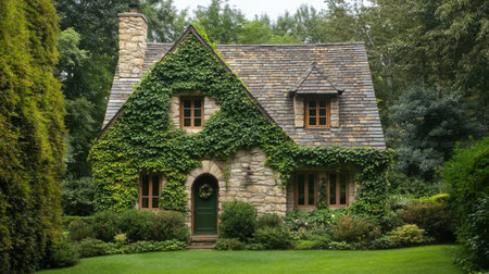 A European-style cottage with ivy-covered walls, a stone chimney, and a cozy front yard.の素材