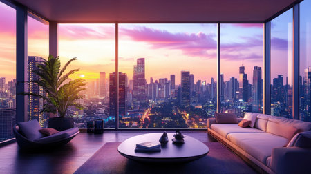 A modern apartment with an open window overlooking a vibrant city skyline at sunset.の素材