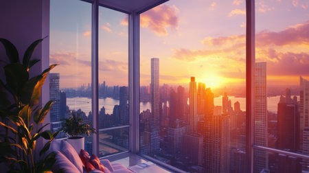 A high-rise apartment with an open window, showcasing a panoramic sunrise over the city skyline.の素材