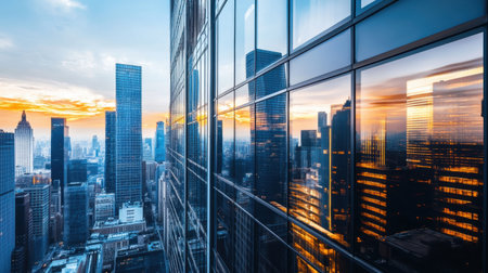 A modern skyscraper with massive glass windows reflecting the surrounding cityscape.の素材