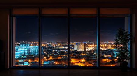 A night-time cityscape reflected on a tall closed window in a modern apartment.の素材
