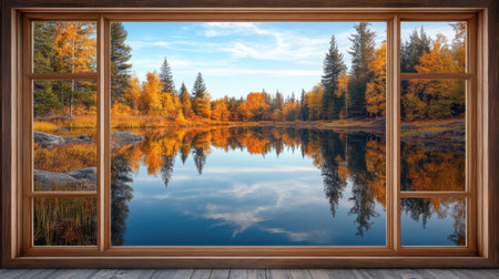 A peaceful lake reflecting autumn trees, viewed from a lakeside cabin window.の素材