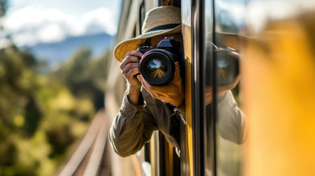 A photographer capturing their own reflection in a train window during a scenic journey.の素材