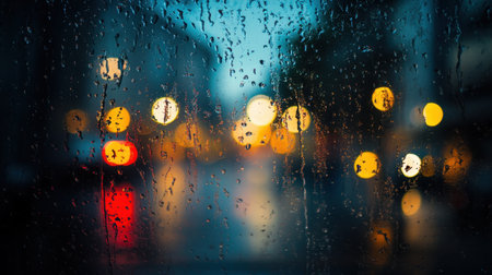 A rain-covered glass door with blurred city lights in the background, creating a moody ambiance.の素材