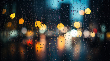 A rain-covered glass door with blurred city lights in the background, creating a moody ambiance.の素材
