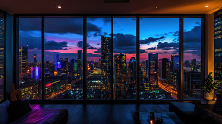 A night cityscape framed by a penthouse window, neon lights reflecting on the glass.の素材