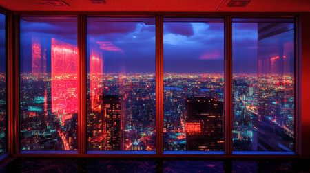 A night cityscape framed by a penthouse window, neon lights reflecting on the glass.の素材