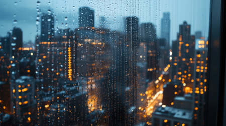 A rainy day with water droplets on a glass window, blurring the city lights in the background.の素材