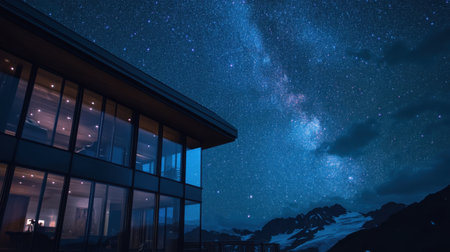 A starry night sky reflected in the glass windows of a mountain lodge.の素材