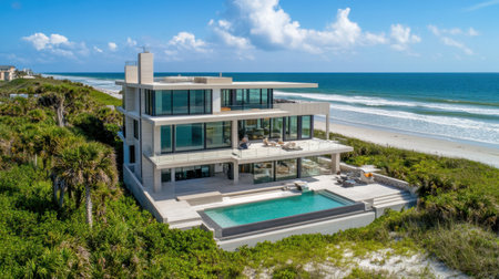 A stunning contemporary beach house with floor-to-ceiling windows and a direct oceanfront view.の素材