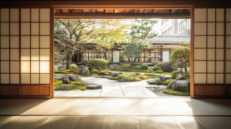 A traditional Japanese wooden sliding door, revealing a serene Zen garden beyond.の素材