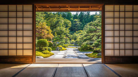 A traditional Japanese wooden sliding door, revealing a serene Zen garden beyond.の素材
