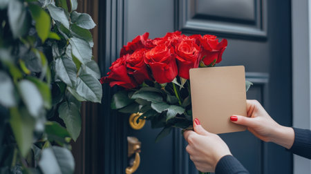 A delivery person ringing the doorbell with a bouquet of red roses and a gift card in hand.の素材