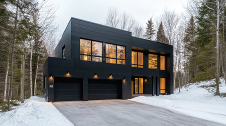 A modern minimalist house exterior with black metal cladding, large windows, and a concrete driveway.の素材