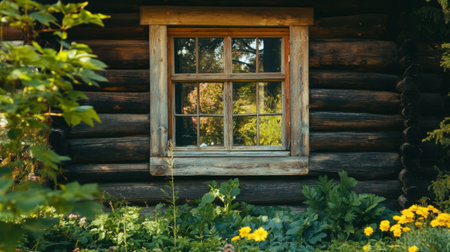 A rustic cabin with a handcrafted wooden window frame, surrounded by lush greenery.の素材