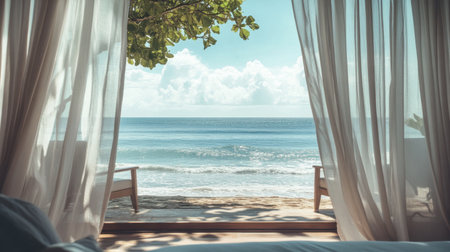 A serene ocean view from a beachfront villa window, with sheer curtains flowing in the breeze.の素材
