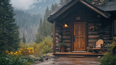 A mountain cabin with a sturdy wooden door, welcoming travelers into a warm interior.の素材