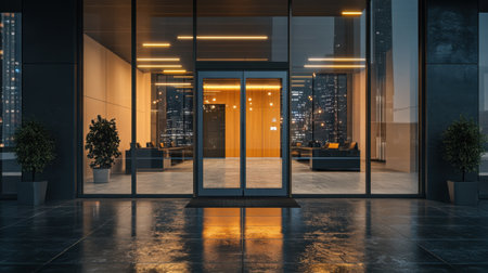 A modern glass office door closed, with reflections of city lights shimmering on the surface.の素材