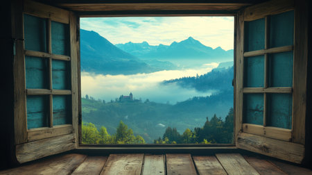 A vintage wooden window open to a breathtaking mountain landscape in the early morning.の素材