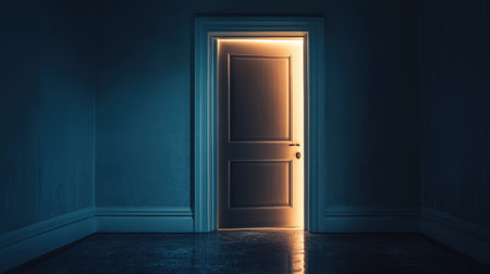 A mysterious closed door in a dimly lit hallway, light seeping from underneath.の素材
