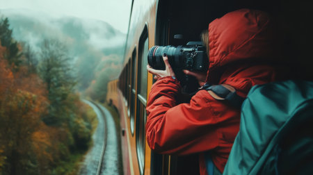 A photographer capturing their own reflection in a train window during a scenic journey.の素材