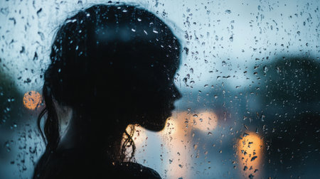 A womans silhouette reflected in a rain-covered window as she gazes outside.の素材