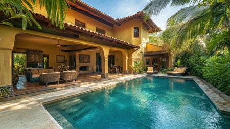A tropical luxury villa surrounded by palm trees, featuring an open-air living space and private pool.の素材