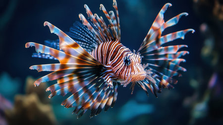 A dazzling lionfish spreading its spiky fins wide, showing off its intricate patterns and colors.の素材
