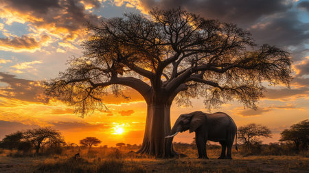 A majestic elephant standing under a massive baobab tree, framed by a breathtaking sunset.の素材