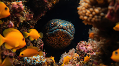 A dramatic underwater shot of a moray eel peeking out from a coral cave, surrounded by small fish.の素材
