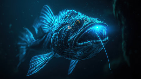 A deep-sea anglerfish glowing in the dark ocean depths, its bioluminescent lure attracting prey.の素材