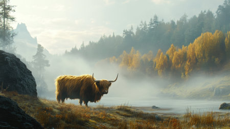A highland cow grazing on a misty hillside, its shaggy fur and long horns adding a rustic charm to the landscape.の素材
