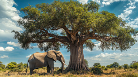 A peaceful elephant standing under a massive baobab tree, enjoying the shade on a hot afternoon.の素材