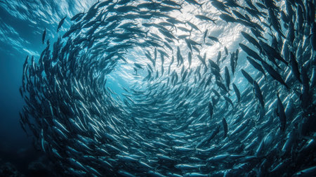A massive school of sardines forming a swirling tornado shape as they move in harmony.の素材