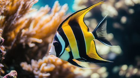 A vibrant Moorish idol fish with striking black, white, and yellow patterns swimming in the reef.の素材