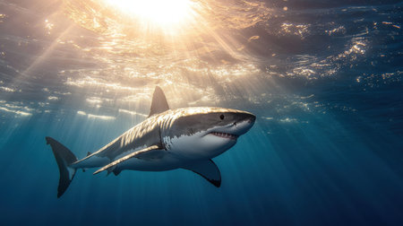 A powerful great white shark swimming just below the ocean surface, sunlight filtering through the water.の素材