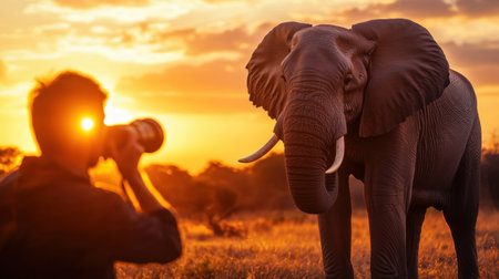 A wildlife photographer capturing a close-up shot of a majestic wild elephant in the golden light of sunset.の素材